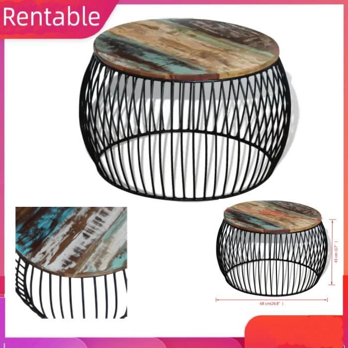 Table basse ronde en bois de récupération massif Vogue LEC - Laqué - Noir - Vintage - 68x43 cm