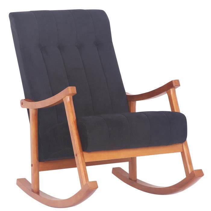chaise à bascule saltillo velours avec accoudoirs fauteuil de relaxation pieds en bois - noyer/noir