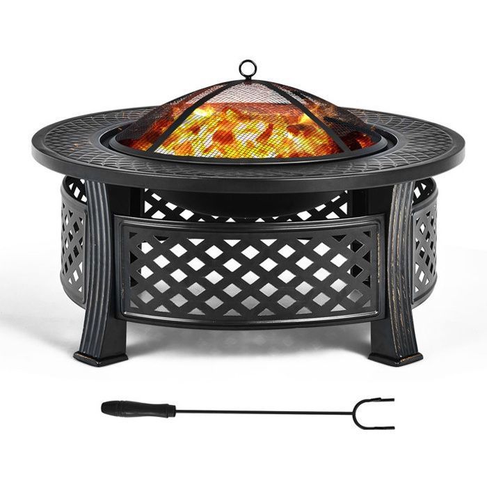 COSTWAY  Brasero Ext&eacute;rieur Rond de 81 cm 3 en 1 avec Grille &agrave; B&ucirc;ches Tisonnier Housse de Pluie pour Camping Arri&egrave;re-Cour