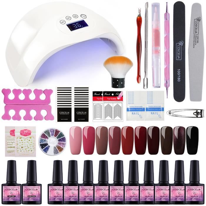 Kit Debutant Vernis Semi Permanent Lampe Led 48w Professionnel Nail Art Outil Base Top Coat