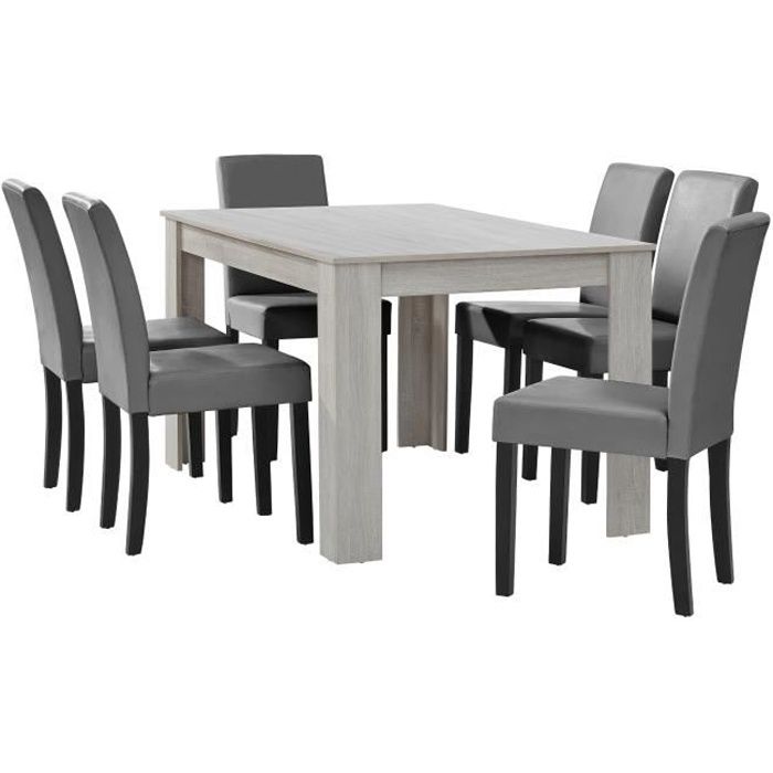 en.casa Table à manger chêne blanc avec 6 chaises gris brilliant cuir-synthétique rembourré140x90