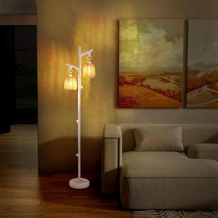 goplus lampadaire sur pied salon,interrupteur à pied à variation d'intensité,lampe style arbre avec abat-jour en osier