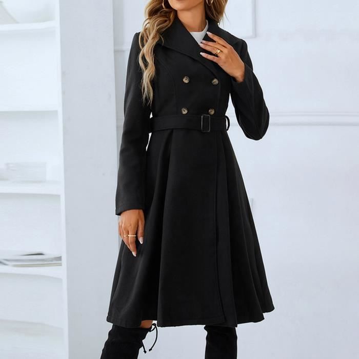 Manteau noir a double boutonnage pour femmes avec ceinture et drap de laine a manches longues. Noir Noir Cdiscount Pret a Porter