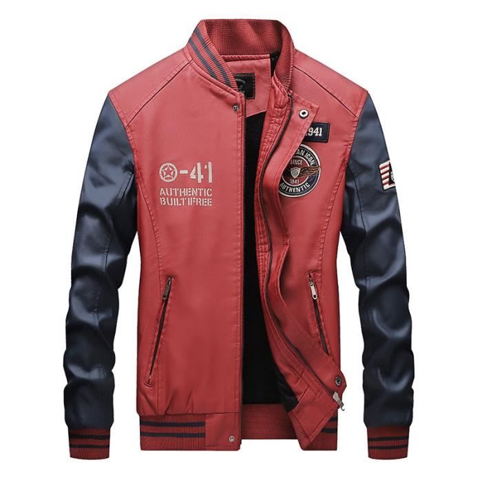 Veste Homme Coutures de couleur Rouge et bleu Manteau Homme PU Cuir Artificiel Court Baseball 