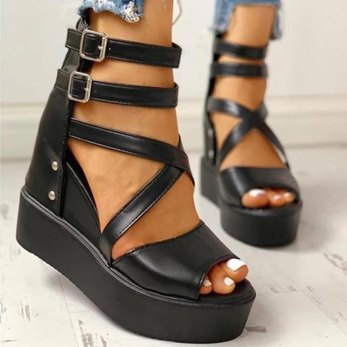 Sandales a plateforme pour femmes de style romain Noir Talons hauts compenses