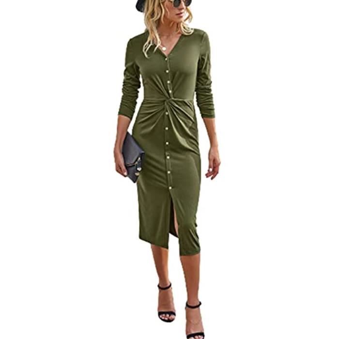 Hanaoops Robe Midi Décontractée à Manches Longues Taille Haute Ligne A Chic Elegant Col V Automne Hiver Mi Longue avec Ceinture Noir pour Cocktail Casual Party Soirée