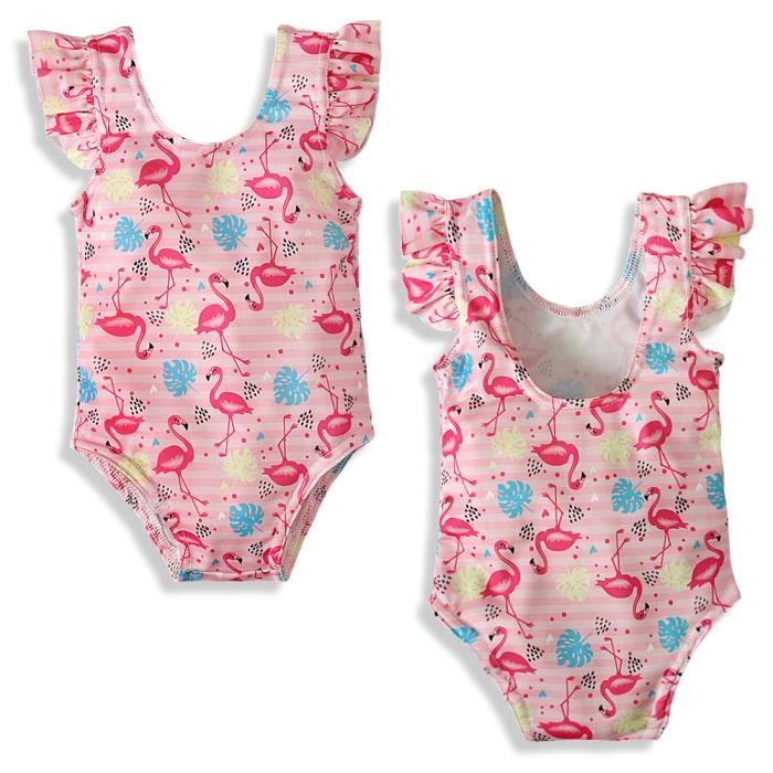 0-24 Mois Mode Bébé Fille Flamant Rose Imprimé Manches Flottantes Maillot de Bain Une Seule Pièce Vêtement de Plage