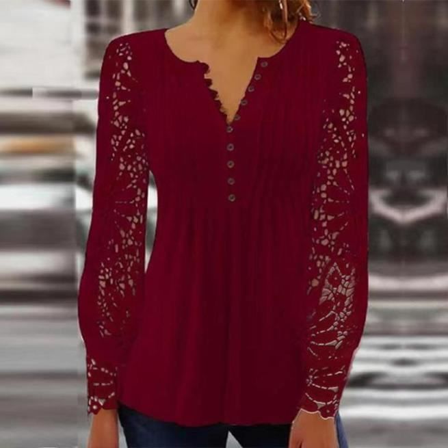Chemisier Femme Sexy Chic Hauts A Manches Longues Dentelle Ample Tunique Blouse Elegante Mode Col V Rouge LC Rouge Cdiscount Pret a Porter