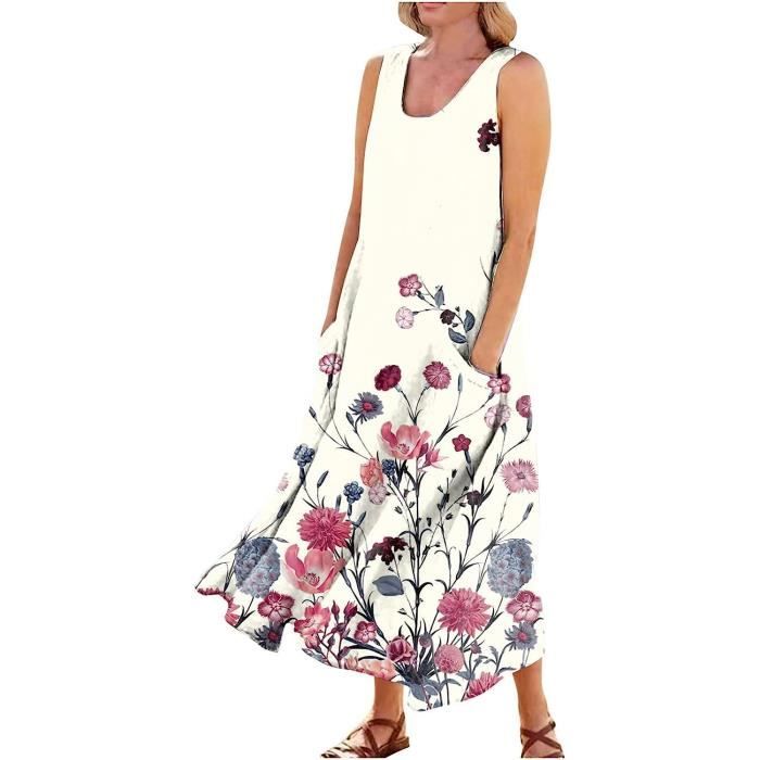 GRMLRPT Robe Été Femme Bohème – Col V, Sans Manches, Imprimé Floral Rétro, Coupe Ample Genou, Style Plage & Casual (Multicolore, S-XXL)