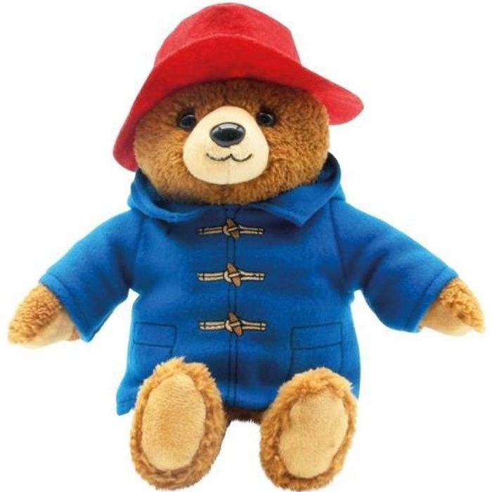 peluche ours paddington avec son manteau bleu et son chapeau rouge 29 cm - peluche licence - doudou enfant - dessin anime
