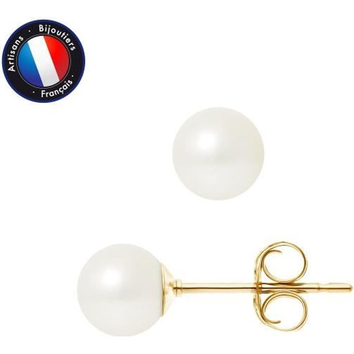 PERLINEA - Boucles d'Oreilles - Véritables Perles de Culture d'Eau Douce Rondes 6-7 mm Gold - Bijoux Femme - Or Jaune