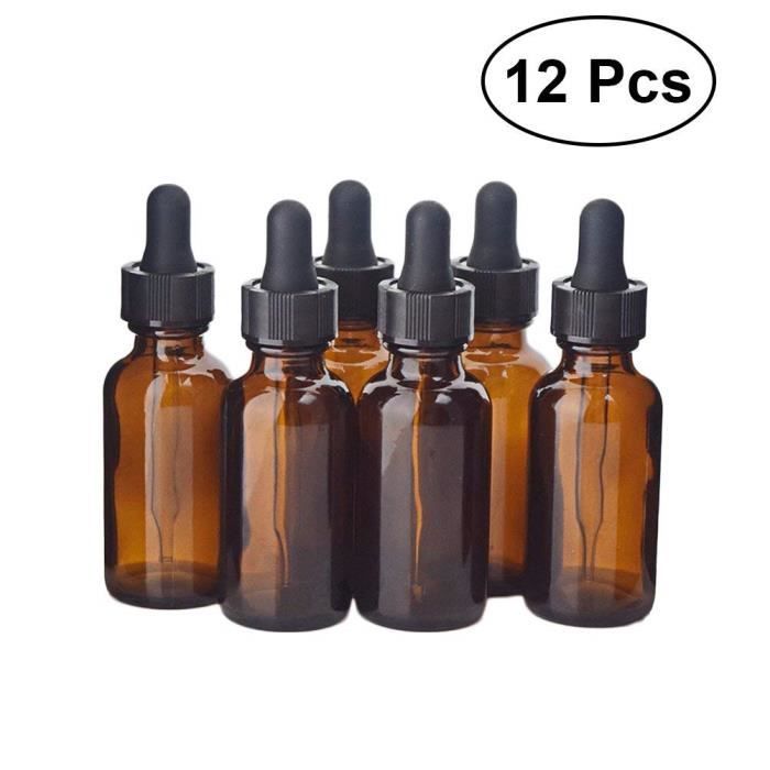 Lot de 12 flacons vides rechargeables 5 ml//10 ml en verre ambr/é avec compte-gouttes et capuchons noirs