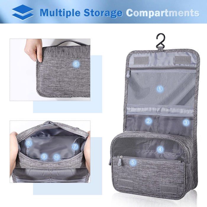 Trousse De Toilette Voyage Imperméable - Sac Suspendu Avec Crochet - 4 Compartiments - 28x23cm