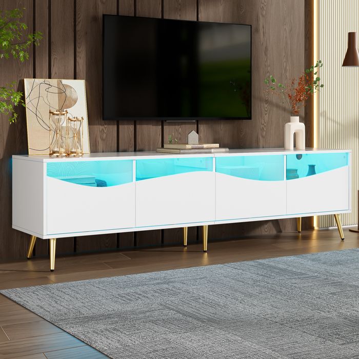 FirFurd Meuble TV 120 Cm Industriel Blanc Et Doré – Meuble Télé Avec 2 Portes Et Étagères – Design Moderne Bois Et Métal