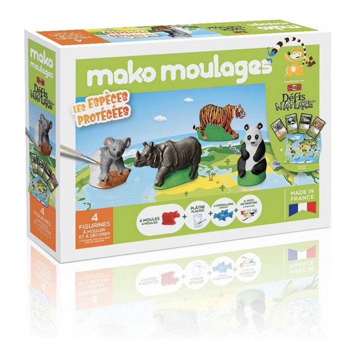 Mako Moulages - Les Espèces Protégées - Partenariat Bioviva - 4 Moules en Plâtre à Peindre - Tigre, Koala, Panda et Rhinocéros - Kits Loisirs Créatifs pour Enfants - Made In France
