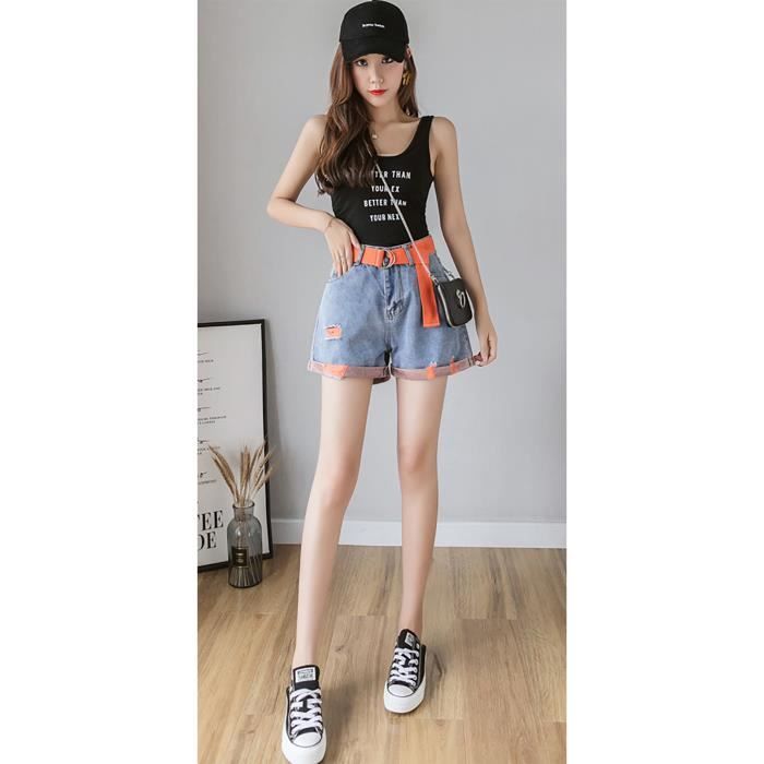 short en jean pour femme nouveau ete 2020 bleu denim coton jambe large avec ceinture