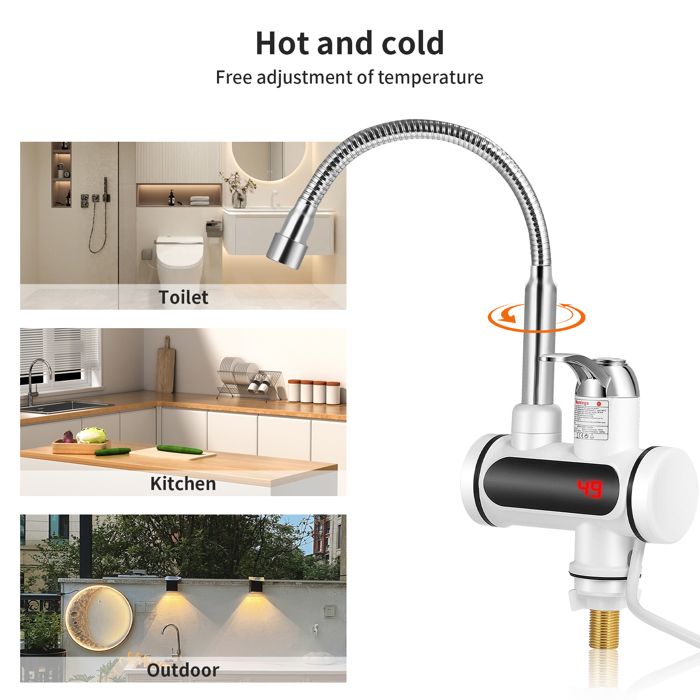 Robinet De Cuisine Chauffant LED – Eau Chaude Instantanée, 220V, Chrome, Afficheur Numérique