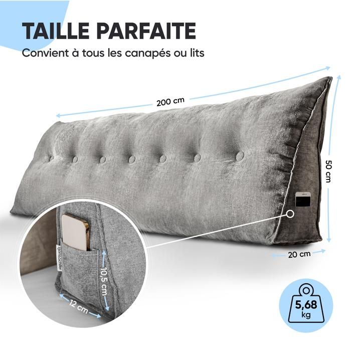 Coussin De Dossier Triangulaire Björn&Schiller - 200cm - Pour Lit, Canapé - Housse Lavable - Gris