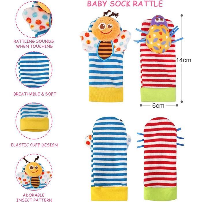 Ballery Bébé Poignet Et Chaussettes Hochet, 4Pcs Hochet Poignet Bébé Poignet De Bell Strap Hochets Et Chaussettes Pied Jouets En Education Montessori Pour 0-6 Mois