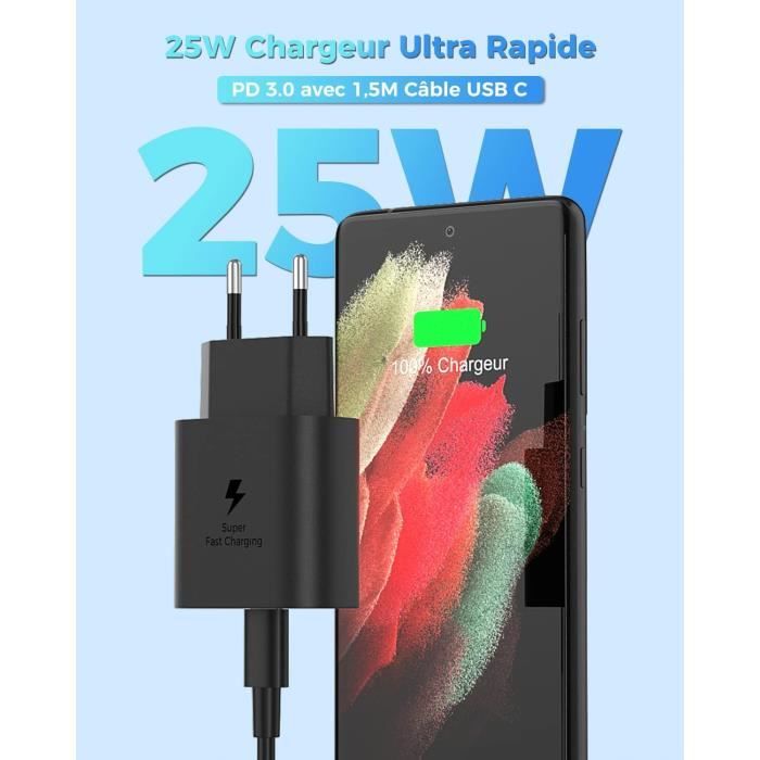 Dual 25W Rapide Chargeur Secteur Usb-C Avce Câble Pour Samsung Galaxy A54 5G-A14  A53 S22-S22+-S22 Ultra-S23-S21 Plus-S21 Ultr[u1000] - Cdiscount Téléphonie
