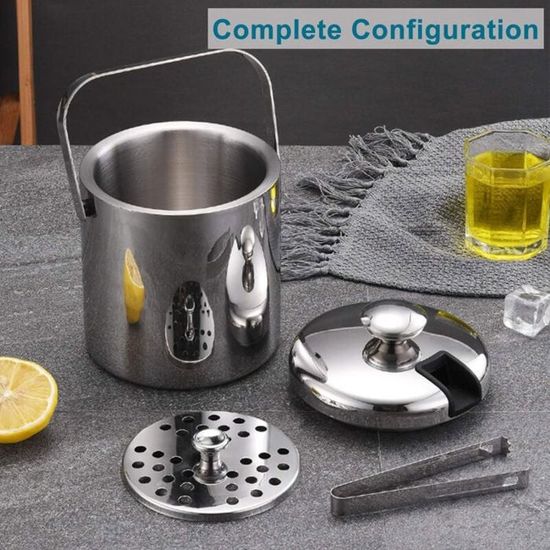 Seau à Glace Isolé 3L En Acier Inox – Double Paroi, Avec Pince, Tamis Et Couvercle
