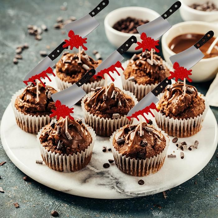 24 Pics à Cupcakes Halloween Couteaux Sanglants - 2 Styles Or Et Argent - Pour Gâteau, Décoration Fête D'horreur