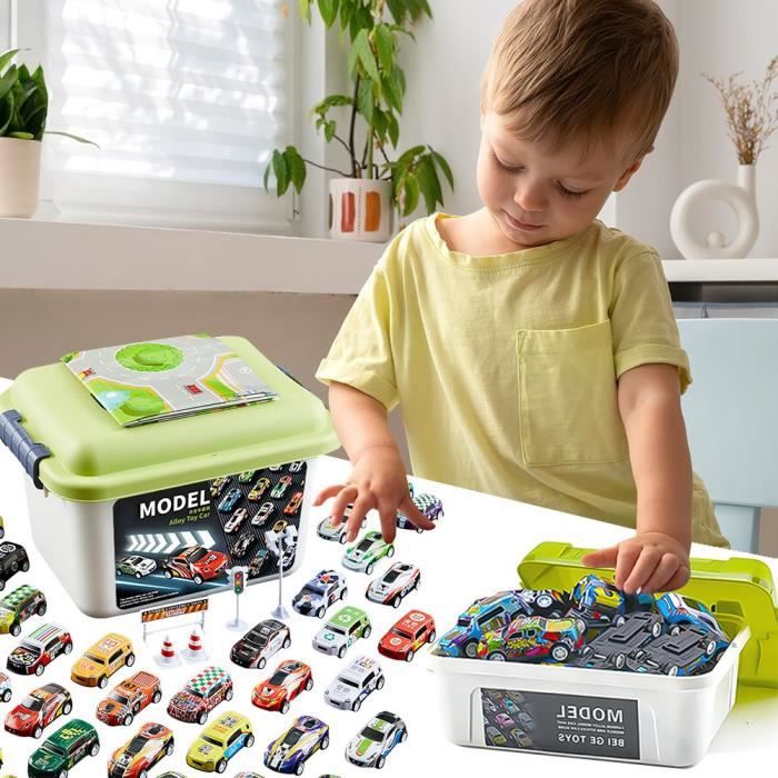 100 Petites Voitures à Tirer En Métal TuKIIE - Lot Mini Voitures Avec Boîte Et Tapis De Jeu Pour Enfants