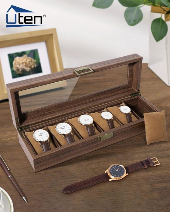Uten Boîte De Rangement Montres Et Bijoux En Bois Massif Pour Homme - 6 Compartiments Avec Fenêtre Verre - Élégante Et Pratique