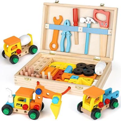 Coffret Outils En Bois Enfant 33 Pièces Pmueuff - Établi Camion De Pompier, Jeu Montessori Bricolage - 2-5 Ans