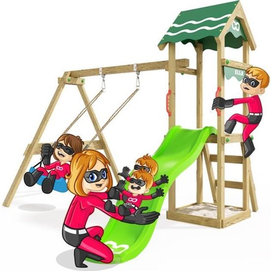 Aire de jeux Fast Heroows portique bois avec balançoire et toboggan vert pomme