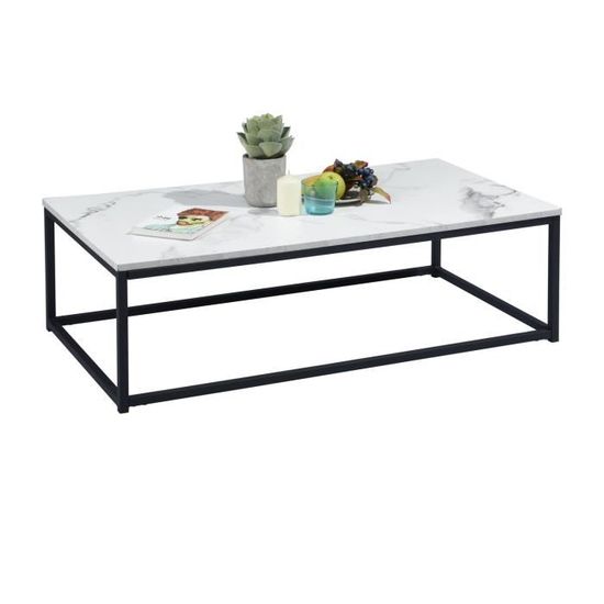 MEUBLES COSY Moderne Table Basse - Bout Canapé 110x60cm - Plateau Panneau Bois Marbre - Métal Peint Noir