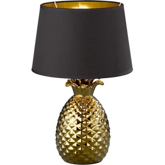 Lampe de table en céramique, textile or noir, H 43 cm, ANANAS
