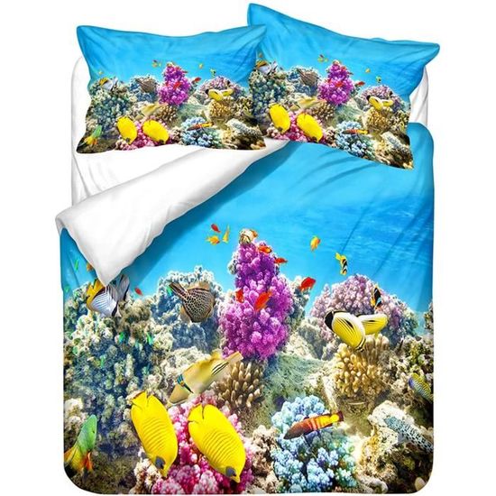 Housse de Couette Poisson Tropical Corail 3D Tortue de Mer Requin