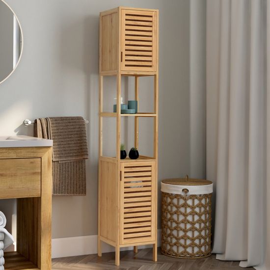 Meuble Colonne Salle De Bain Bambou BEA – 1 Porte + 3 Étagères – Design Naturel 30x30x170 Cm