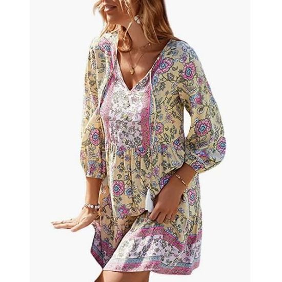Robe été Femme En Jean Denim - Style Rétro Col V - Longue Et Ample - Parfaite Pour Plage Et Casual