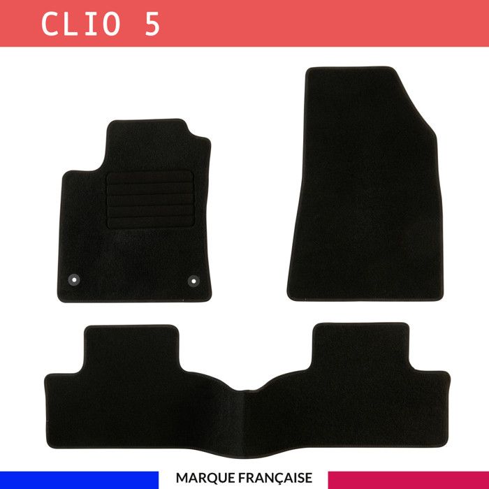 Tapis de sol voiture - Sur mesure pour RENAULT CLIO 5 et CLIO 5 E-TECH (dès 06/2020) Antidérapant - 3 pièces : Protection arrière