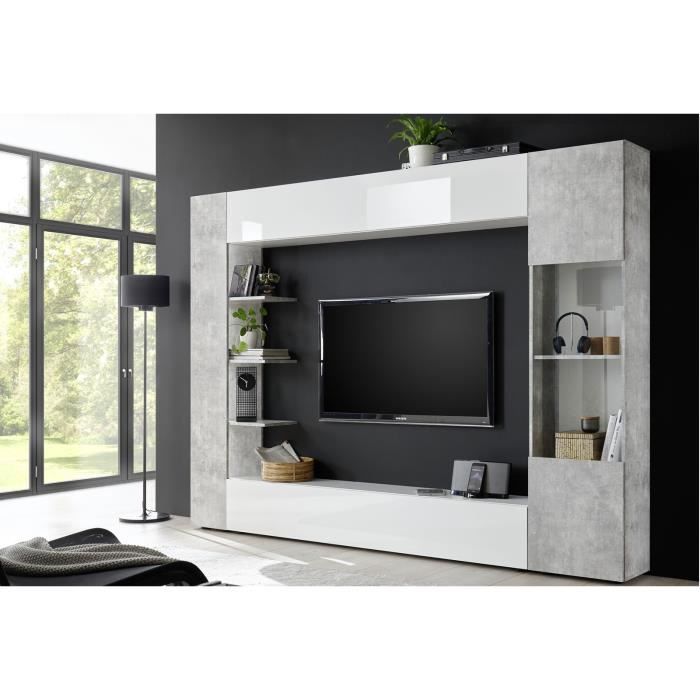LUCIE LAQUE BLANC ET BETON ENSEMBLE COMPOSITION 2 MEUBLE TV TENDANCE