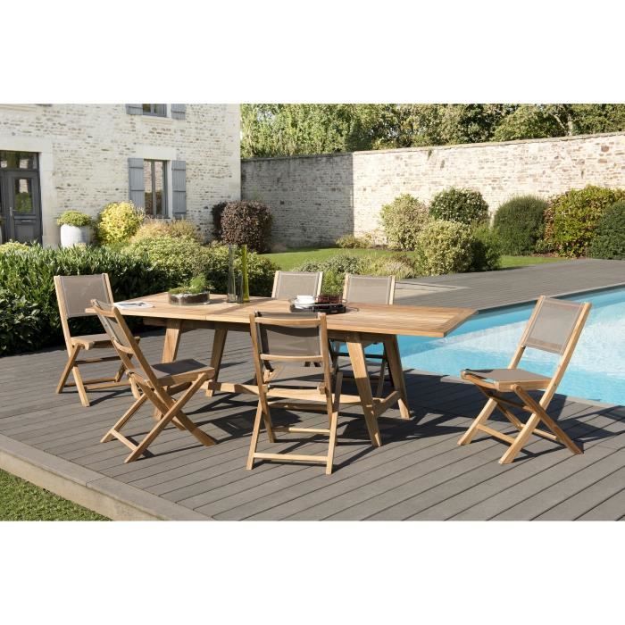 Ensemble de jardin en teck : 1 table rectangulaire scandinave, extensible, 180 / 240 x 100 cm - 3 lots de 2 chaises pliantes JARDITE