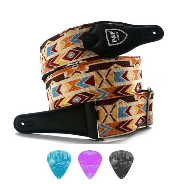 Sangle de Guitare Style vintage Tissé Réglable Acoustique Guitare électrique Basse Sangle avec des Extrémités en Cuir, Pics