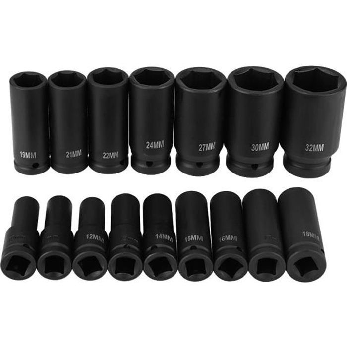 Coffret outillage Douilles à Choc Hexagonale, 16 Pièces 1/2 Pouce Jeu de Douilles à Impact 6 Pans Outil de Réparation Air Drive Kit