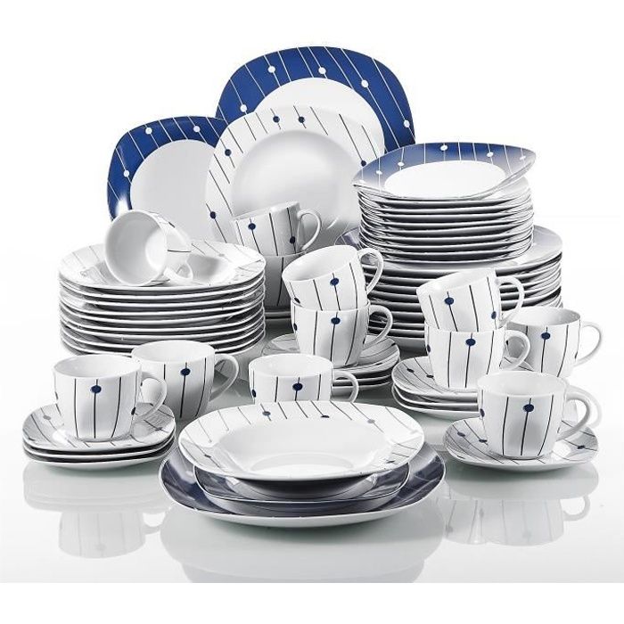 VEWEET 'Dot' Service de dîner en porcelaine 60 pièces, service de table pour 12 personnes, comprenant des tasses à café, des soucoup