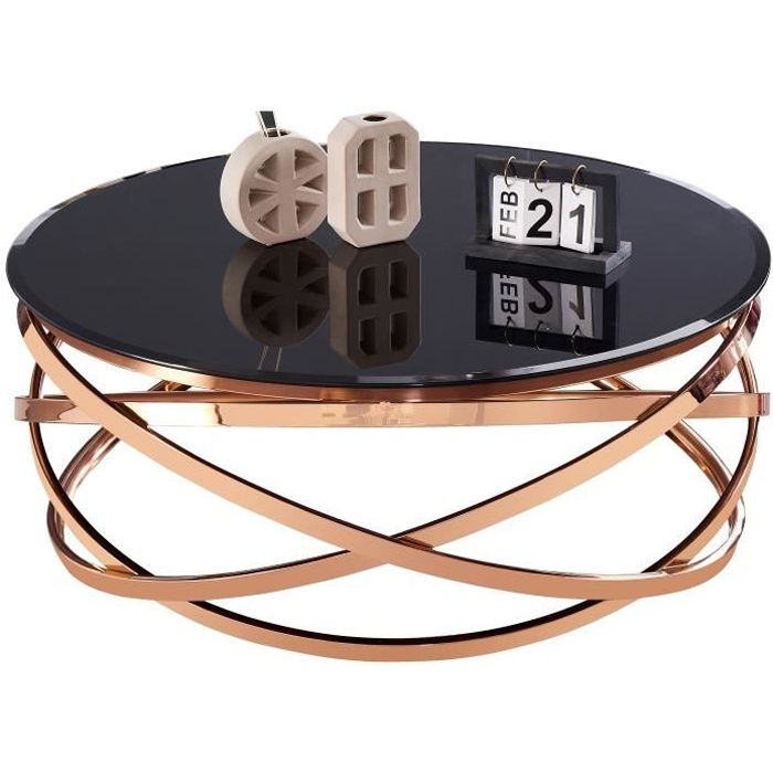 Table basse design rond avec piètement en acier inoxydable poli rose gold et plateau en verre trempé noir L. 100 x H. 43 cm