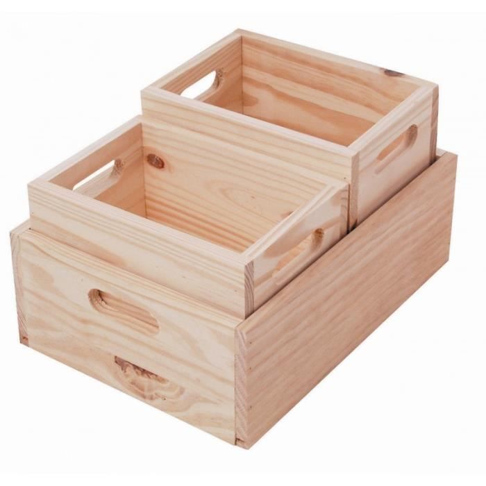 Lot de 3 caisses en pin massif Brut