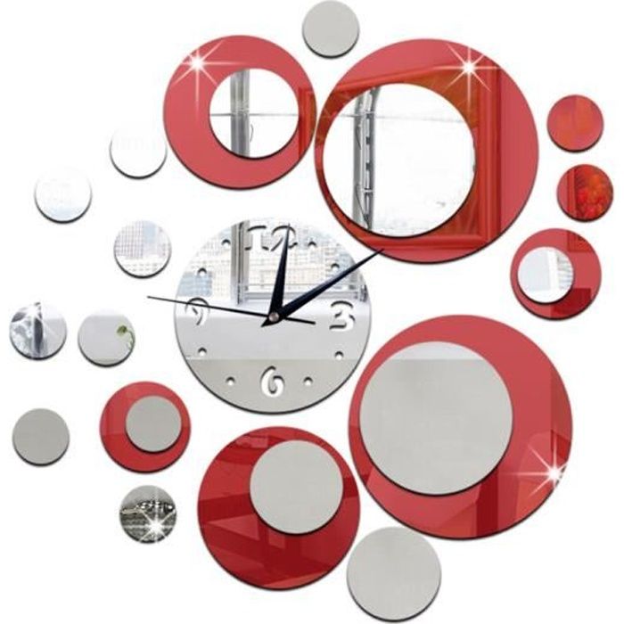 Horloge Murale Design, Horloge murale miroir, Horloge murale silencieuse, Pendule murale design pour Maison,salon,cuisine - Rouge