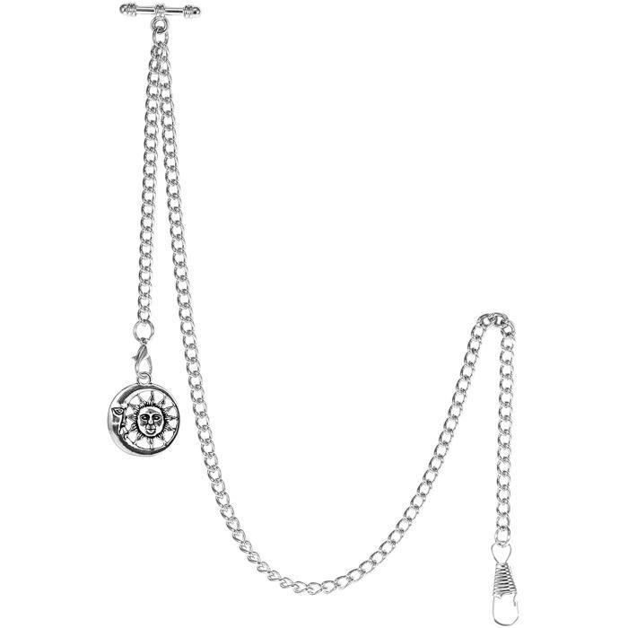 TREEWETO Chaine de montre de poche Albert avec embout en T Bar - Avec pendentif en T et 2 crochets pour gilet - Trou a bouton