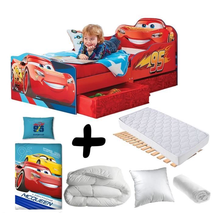 Pack complet Premium Lit Design Flash McQueen tiroirs Cars Disney = Lit+Matelas & Parure+Couette+Oreiller