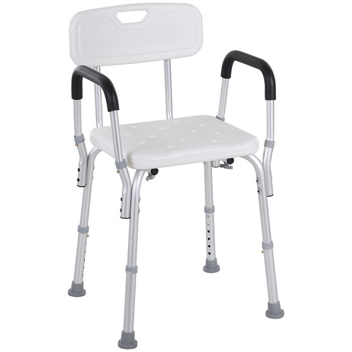 Chaise de douche siège de douche ergonomique hauteur réglable pieds antidérapants charge max. 135 Kg alu HDPE blanc 51x43x71-84cm