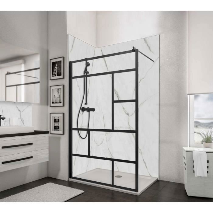 Paroi de douche fixe à l'italienne 120x200 cm, Walk In Black Style, verre décor Atelier, profilé noir, Schulte