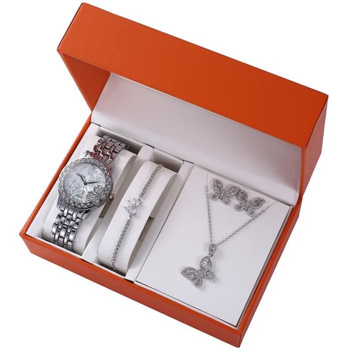 Coffret montre femme + des boucles d'oreilles + bracelet + collier – papillon diamant mode cadeau