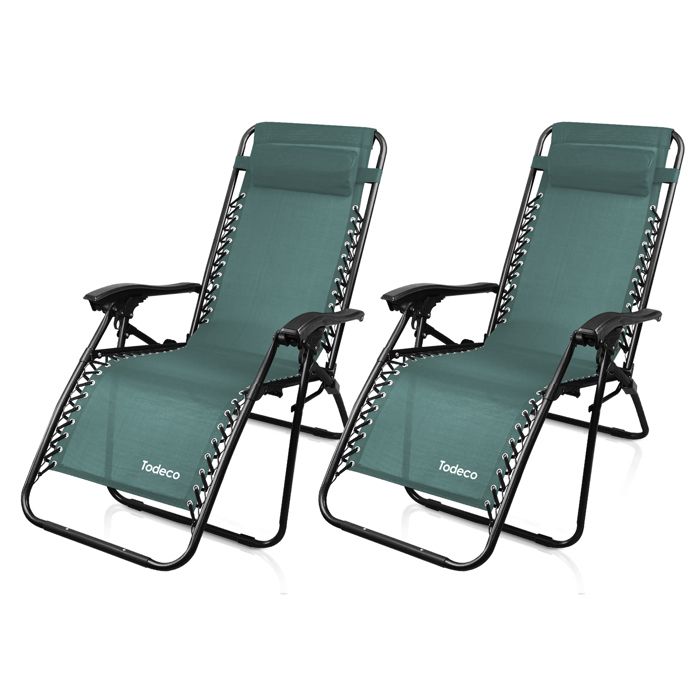 Transat en Textilène de Jardin, Chaise Longue Inclinable, 165 x 112 x 65 cm, Vert, Textilène, Pack de 2, Avec coussin, Charge maxima